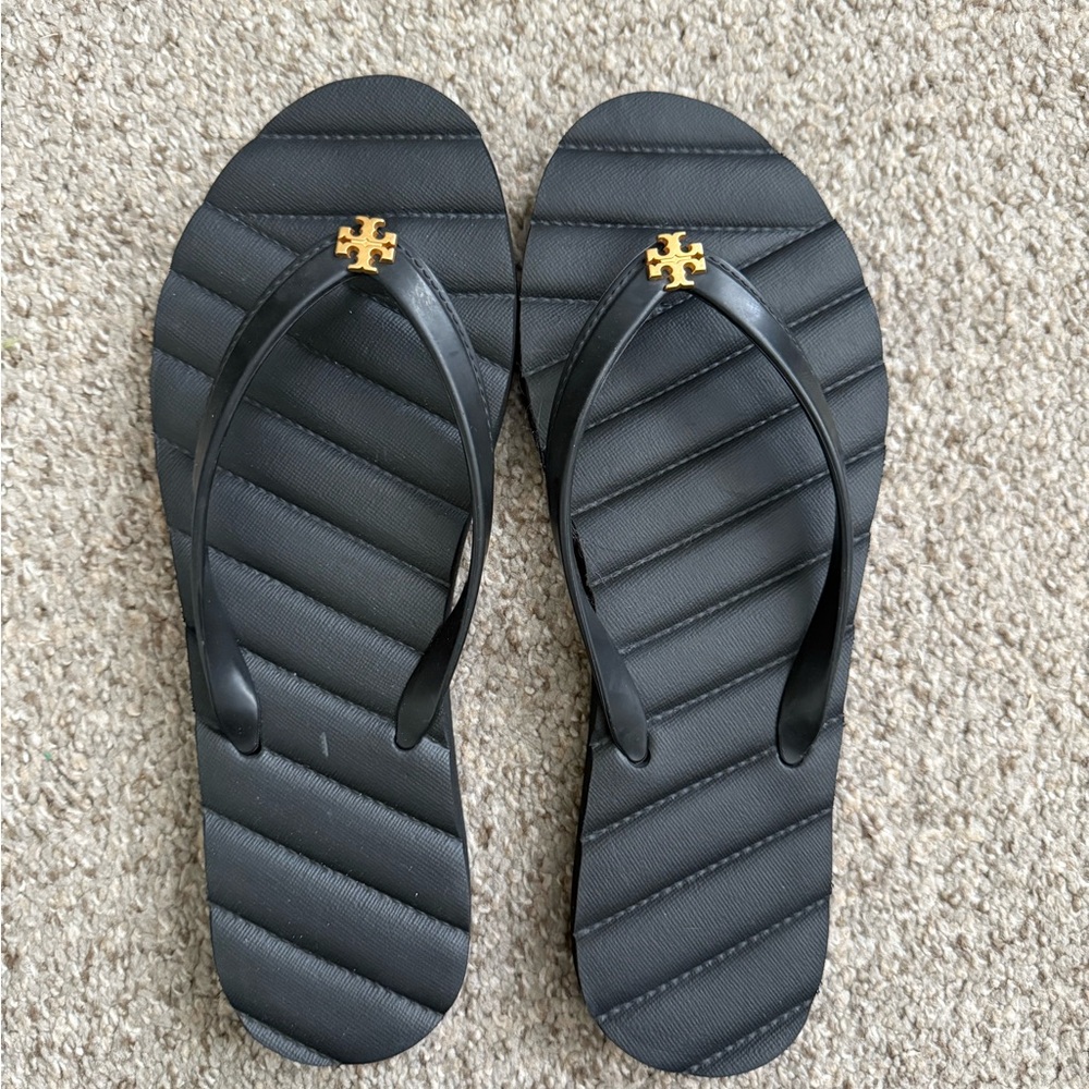 Tory Burch Black Sandals with Gold Emblem